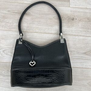 BRIGHTON BLACK LEATHER SHOULDER HANDBAG Hang Tag Woven Leather Strap